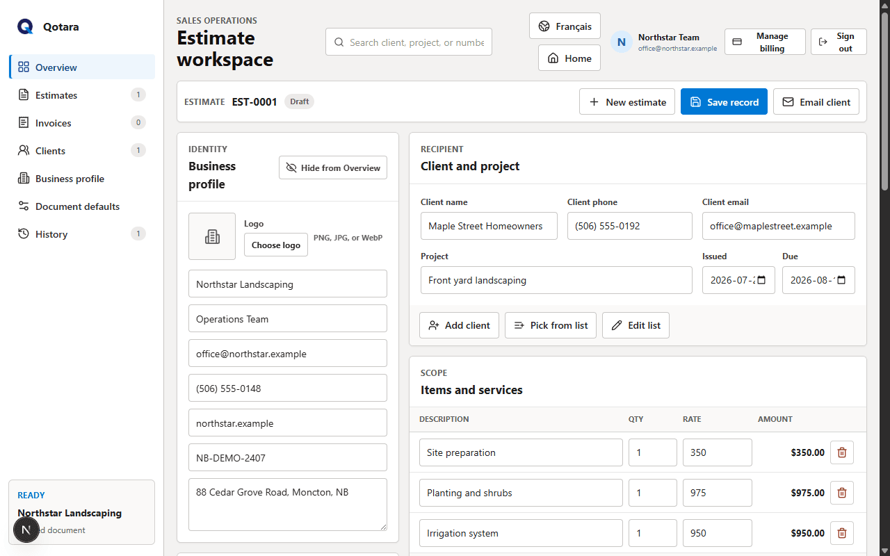 The Qotara dashboard showing a landscaping estimate with client details, line items, totals, saved documents, and workspace navigation.
