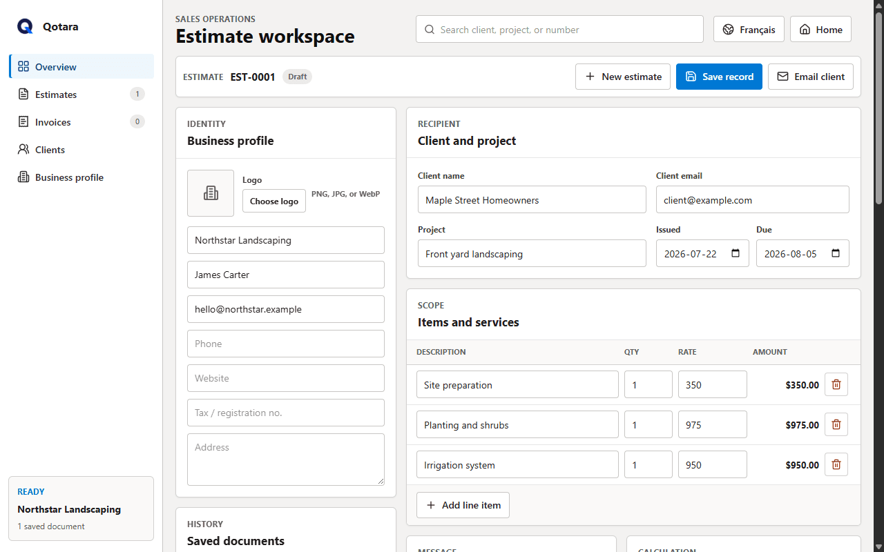 The Qotara dashboard showing a landscaping estimate with client details, line items, totals, saved documents, and workspace navigation.